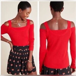 Anthropologie Jamie Open Shoulder Womens Size S Red Stretchy Ribbed Sweater